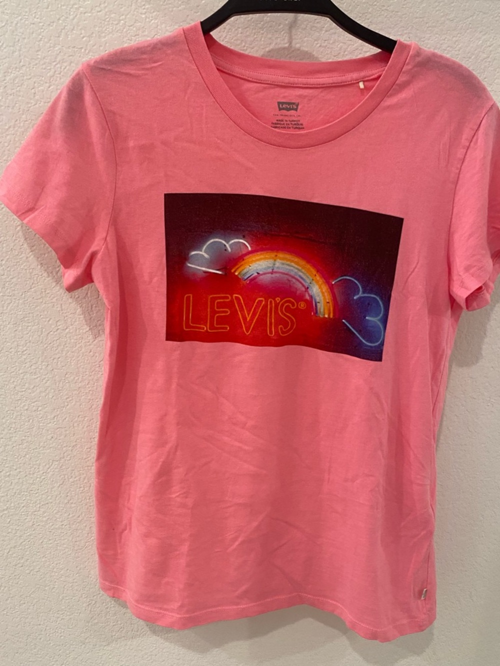 Levi's Pink Tee with Neon Rainbow Graphic
